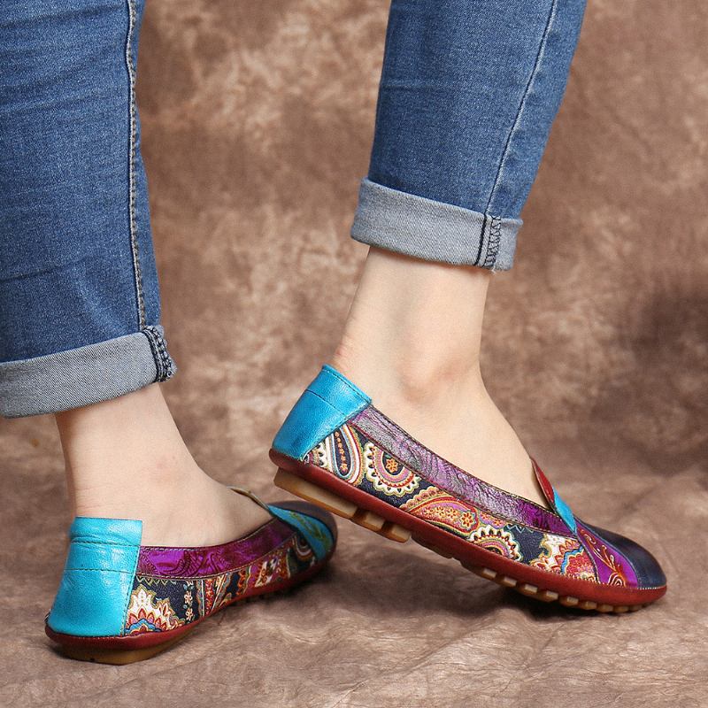 Bohemian Soft Leather Floral Splicing Casual Slip On Loafers Flat Shoes