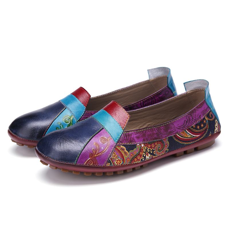 Bohemian Soft Leather Floral Splicing Casual Slip On Loafers Flat Shoes