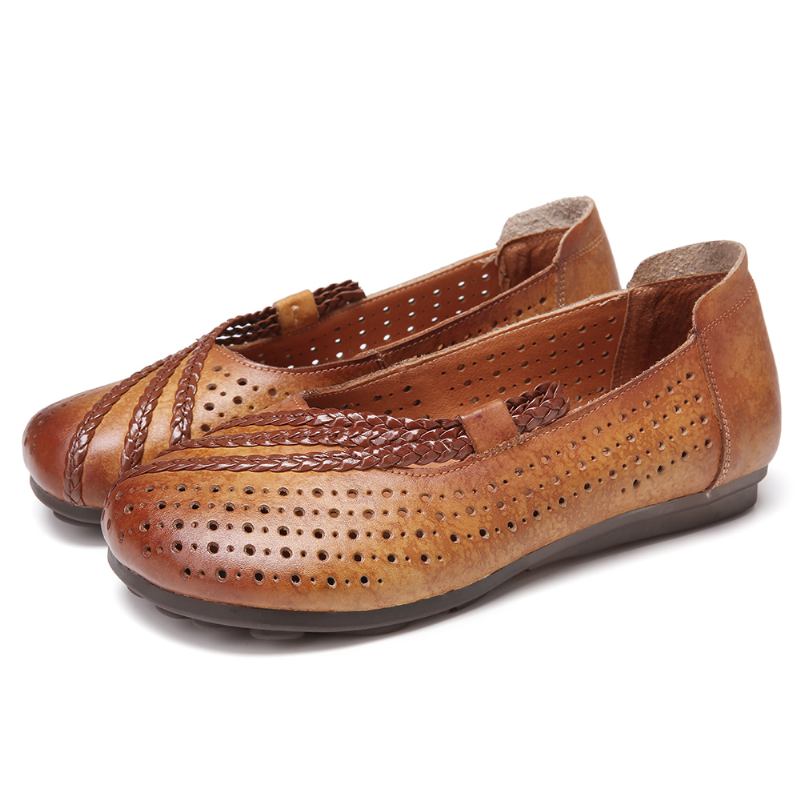 Burnished Cutout Flätad Rund Tå Slip-on Mjuka Läder Platta Skor