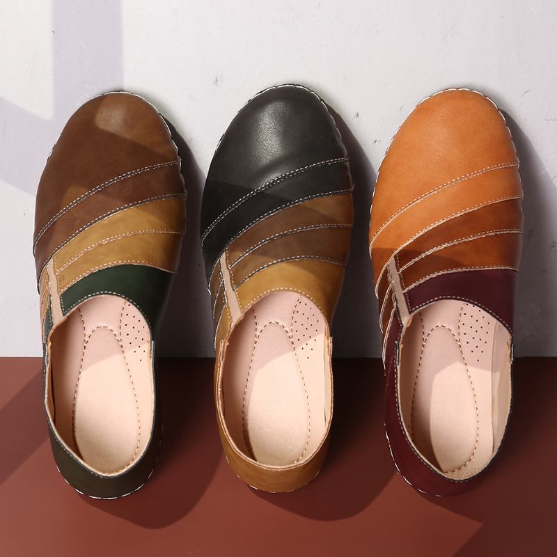 Casual Färg Sticking Slip On Soft Sole Walking Loafers I Läder