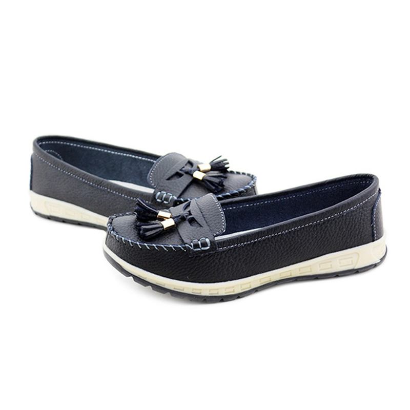 Casual Soft Leather Tofs Flat Shoes Slip On Round Toe Loafer Shoes