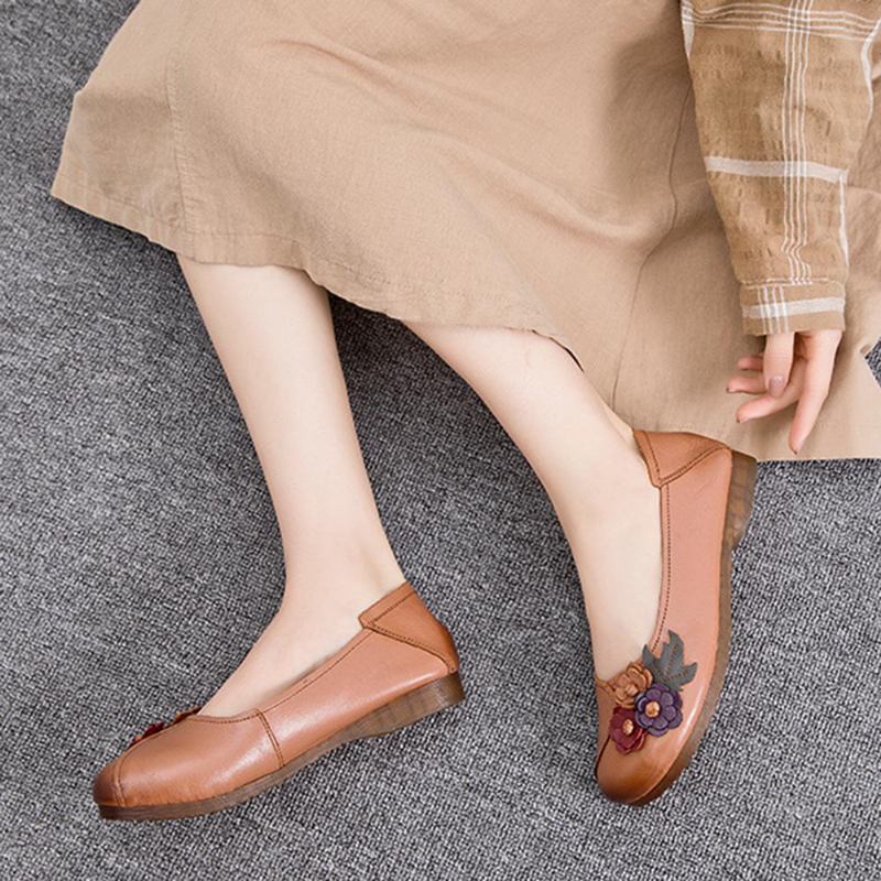 Dam Vintage Blommig Rund Tå Äkta Läder Mjuk Sula Slip On Flats