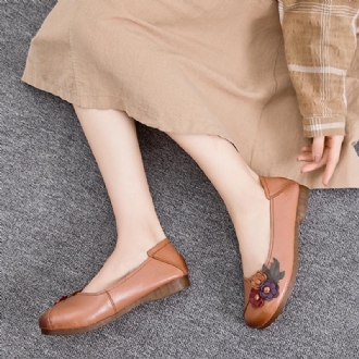 Dam Vintage Blommig Rund Tå Äkta Läder Mjuk Sula Slip On Flats