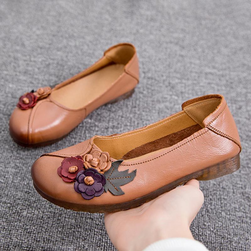 Dam Vintage Blommig Rund Tå Äkta Läder Mjuk Sula Slip On Flats