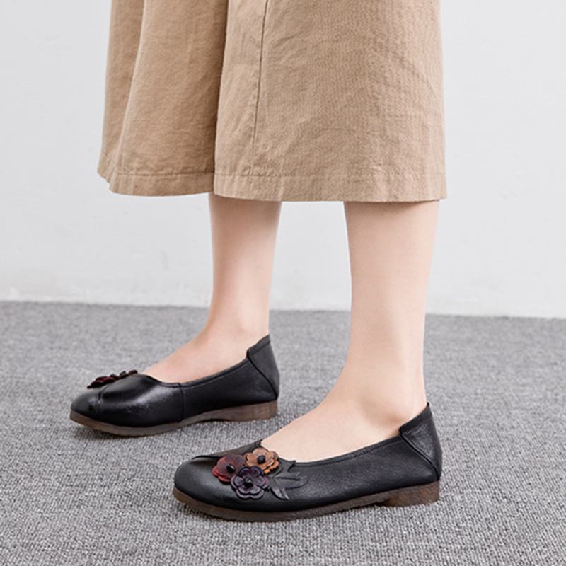 Dam Vintage Blommig Rund Tå Äkta Läder Mjuk Sula Slip On Flats