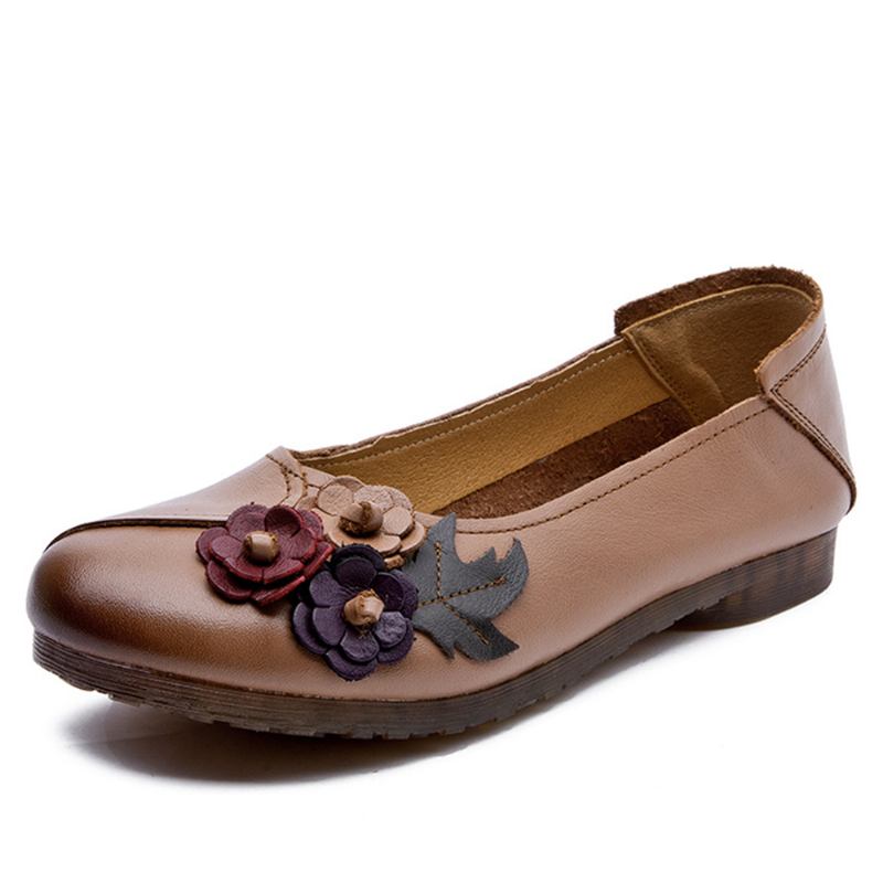 Dam Vintage Blommig Rund Tå Äkta Läder Mjuk Sula Slip On Flats