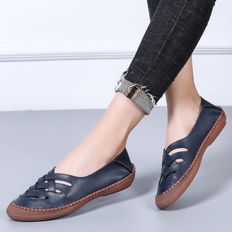 Damer I Äkta Läder Andas Plus Storlek Hollow Spring Casual Flats Loafers