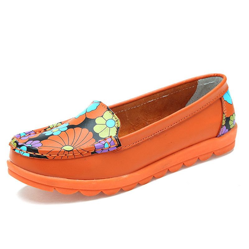 Dammode Casual Bekväm Mjuk Andas Blomma Läder Rund Tå Flat Loafer Skor