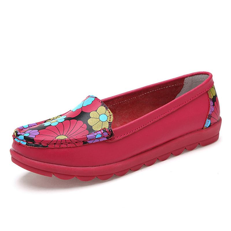 Dammode Casual Bekväm Mjuk Andas Blomma Läder Rund Tå Flat Loafer Skor