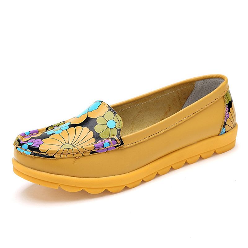 Dammode Casual Bekväm Mjuk Andas Blomma Läder Rund Tå Flat Loafer Skor