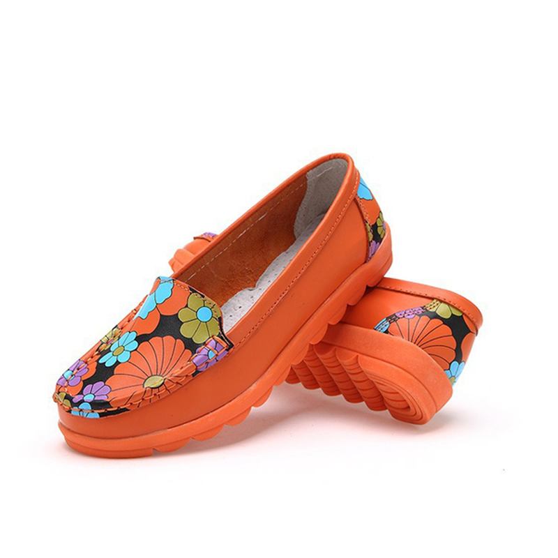 Dammode Casual Bekväm Mjuk Andas Blomma Läder Rund Tå Flat Loafer Skor