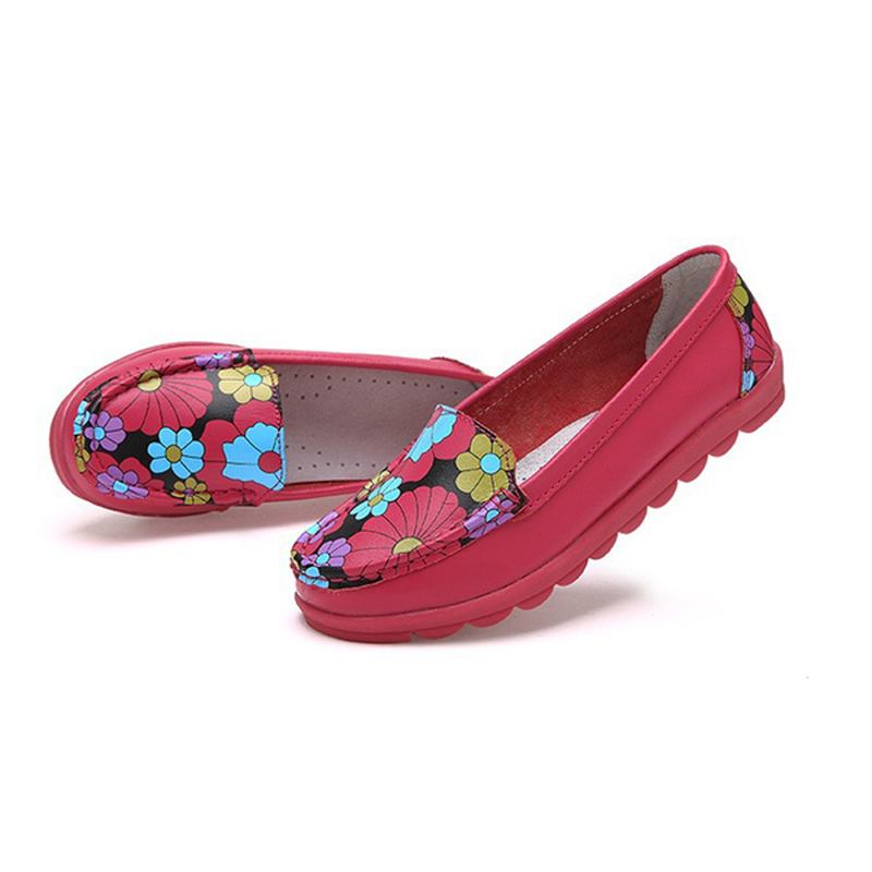 Dammode Casual Bekväm Mjuk Andas Blomma Läder Rund Tå Flat Loafer Skor