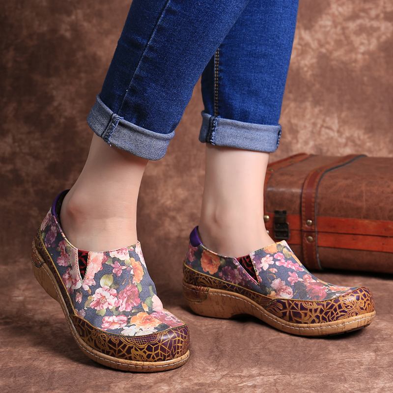 Kvinnor Bloom Blommor Splicing Retro Stitching Slip On Flats