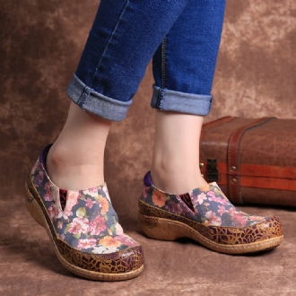 Kvinnor Bloom Blommor Splicing Retro Stitching Slip On Flats