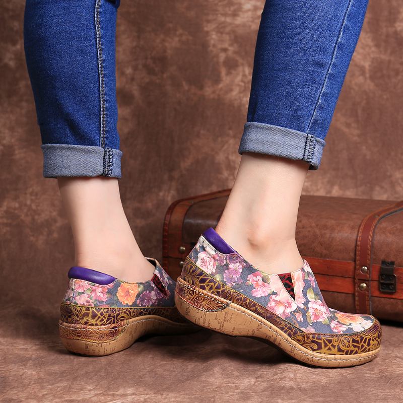 Kvinnor Bloom Blommor Splicing Retro Stitching Slip On Flats