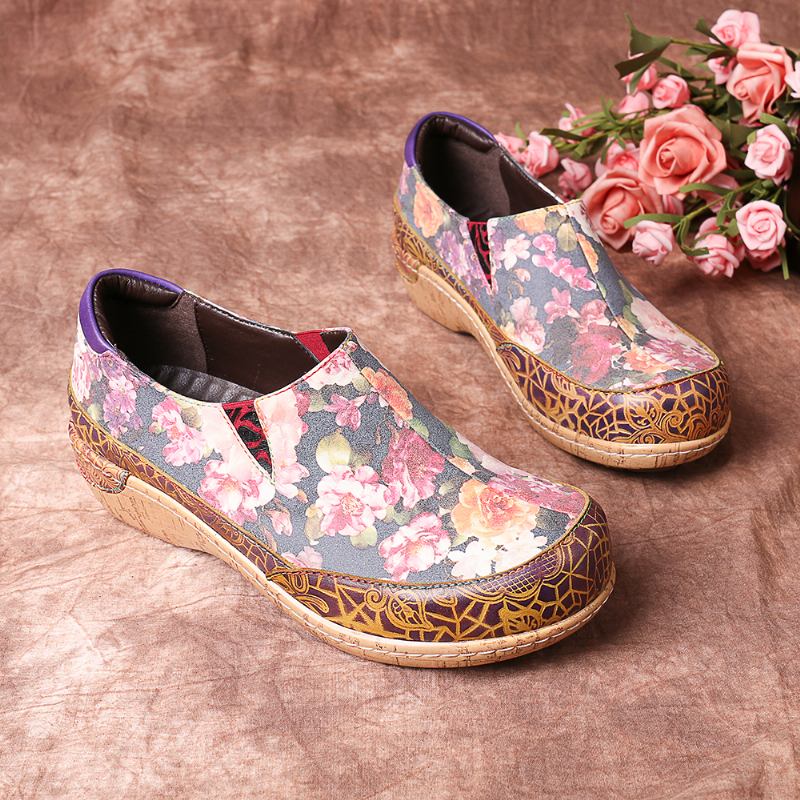 Kvinnor Bloom Blommor Splicing Retro Stitching Slip On Flats