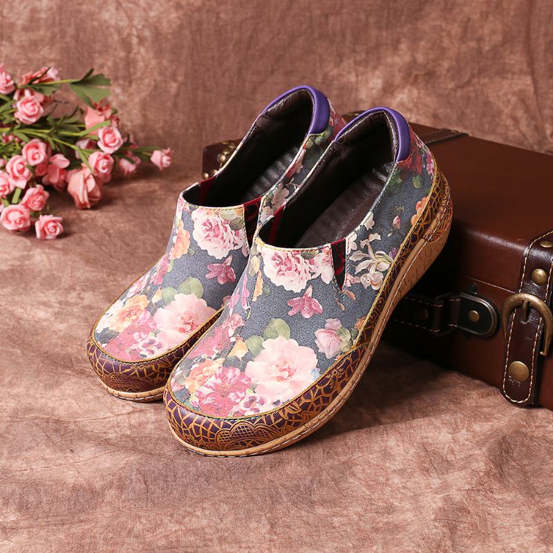 Kvinnor Bloom Blommor Splicing Retro Stitching Slip On Flats