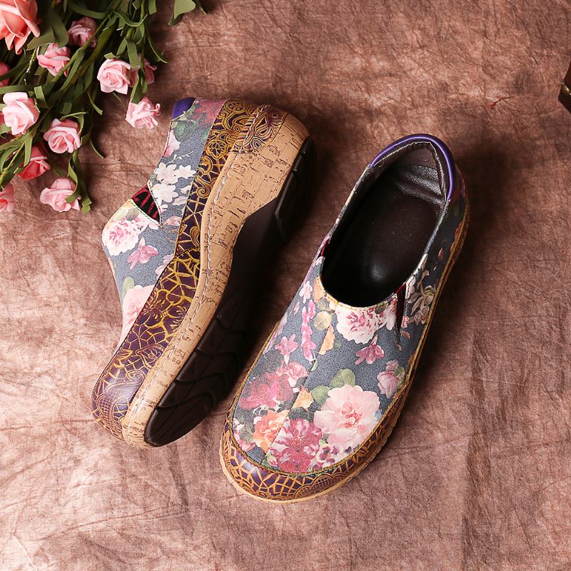 Kvinnor Bloom Blommor Splicing Retro Stitching Slip On Flats