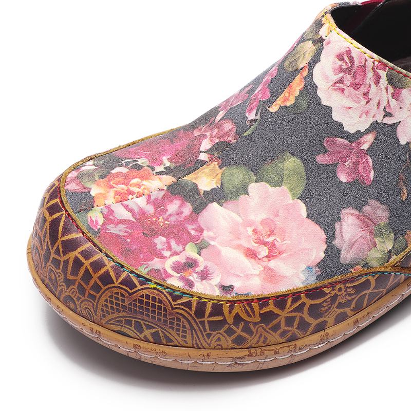 Kvinnor Bloom Blommor Splicing Retro Stitching Slip On Flats