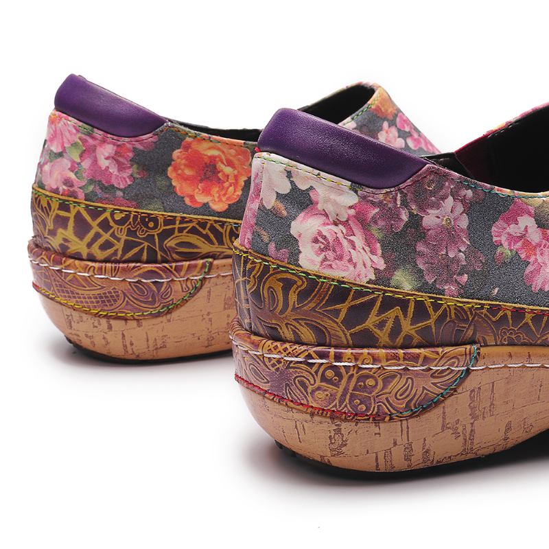 Kvinnor Bloom Blommor Splicing Retro Stitching Slip On Flats