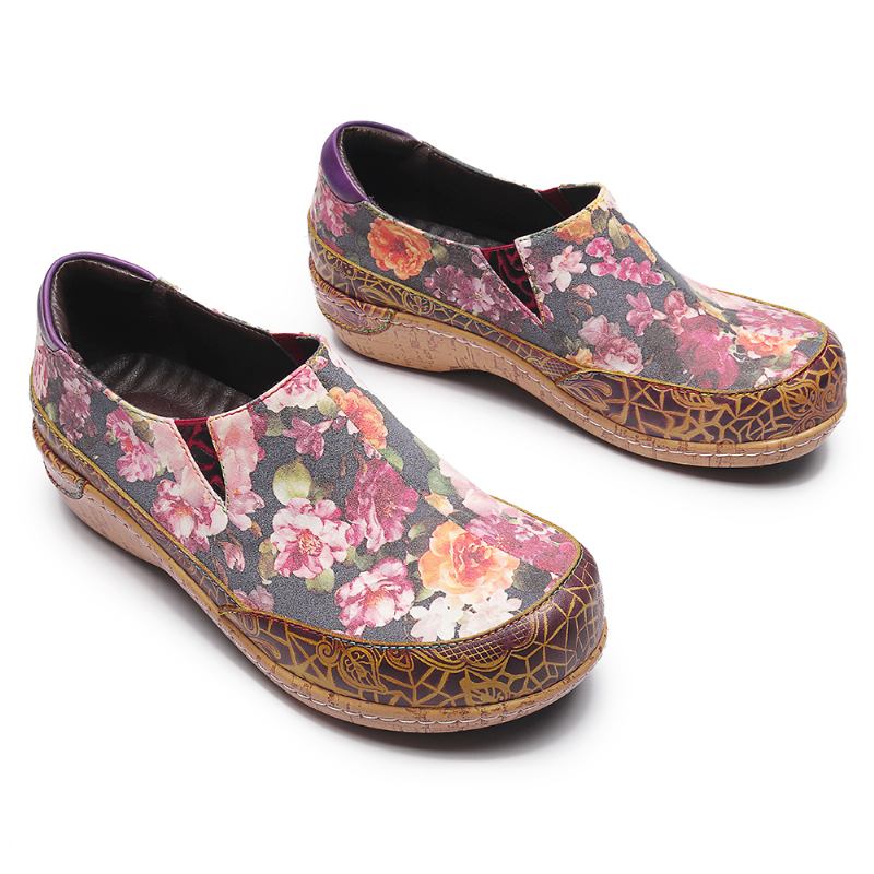 Kvinnor Bloom Blommor Splicing Retro Stitching Slip On Flats