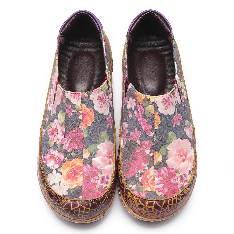 Kvinnor Bloom Blommor Splicing Retro Stitching Slip On Flats