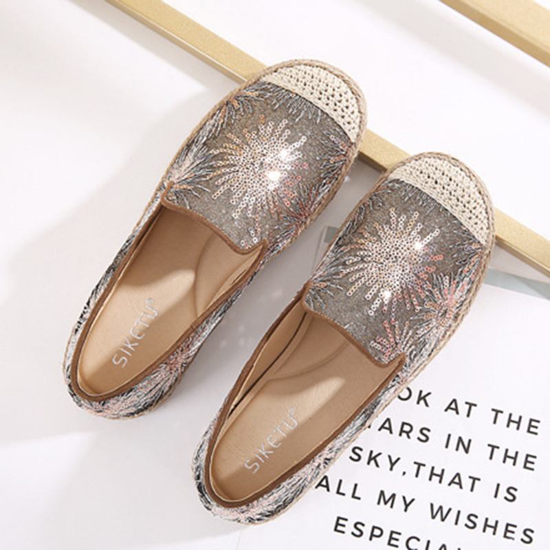 Kvinnor Casual Sequined Blommor Mönster Espadrille Flats Loafers