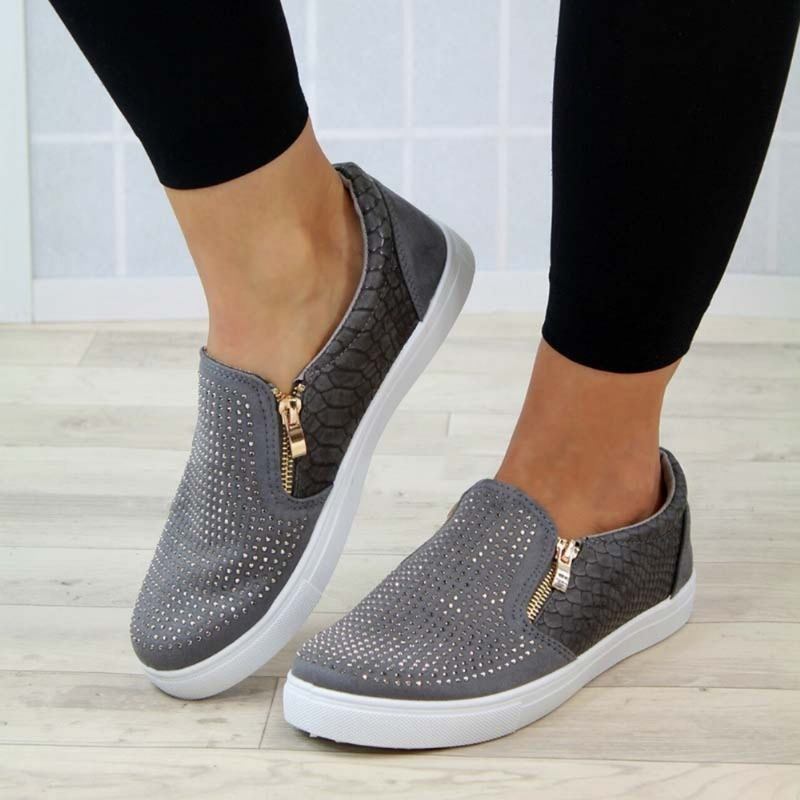 Kvinnor Doble Size Dragkedja Rhinestone Dekor Halkfria Casual Flats