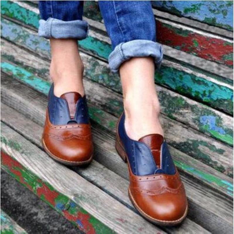 Kvinnor Färg Splicing Fyrkantig Klack Rund Tå Brogue Oxfords Casual Flats Loafers