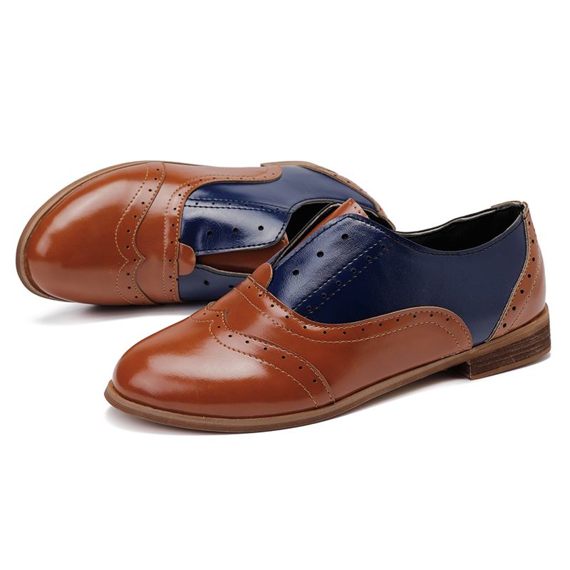 Kvinnor Färg Splicing Fyrkantig Klack Rund Tå Brogue Oxfords Casual Flats Loafers