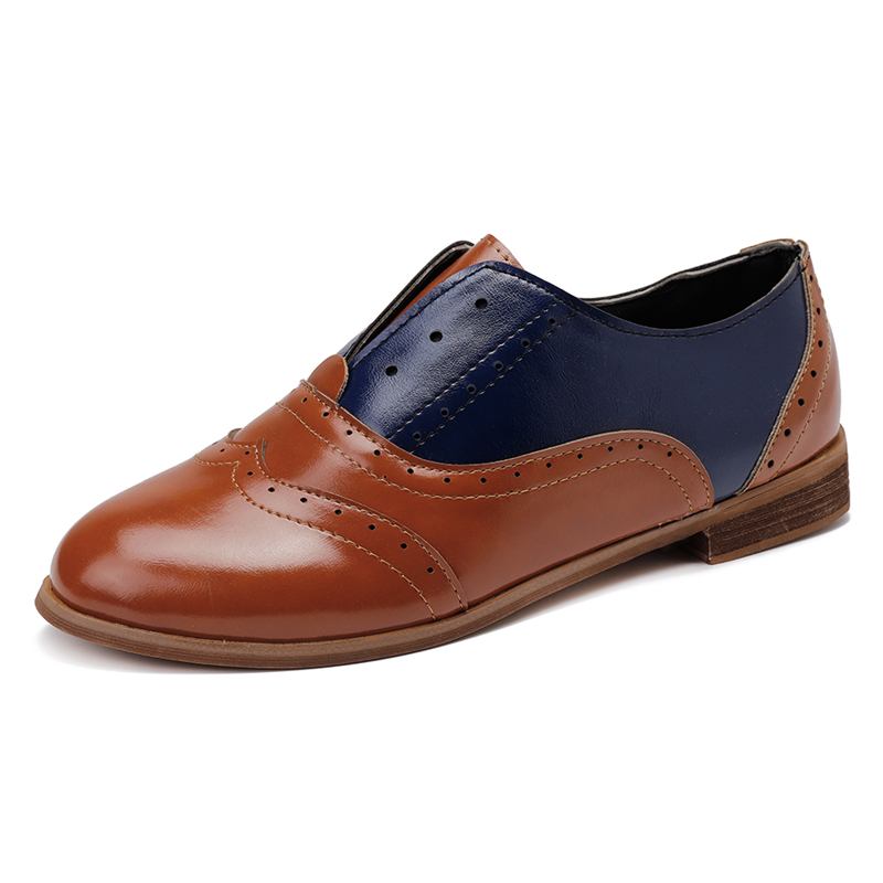 Kvinnor Färg Splicing Fyrkantig Klack Rund Tå Brogue Oxfords Casual Flats Loafers