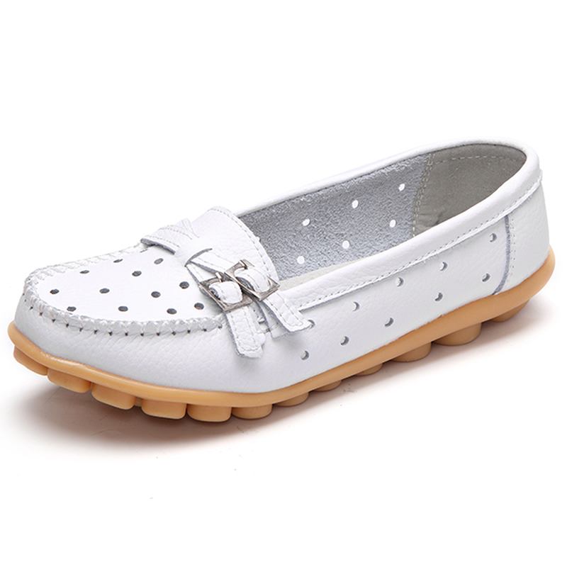 Kvinnor Flat Hollow Out Casual Mjukt Läder Slip On Runda Tå Loafers