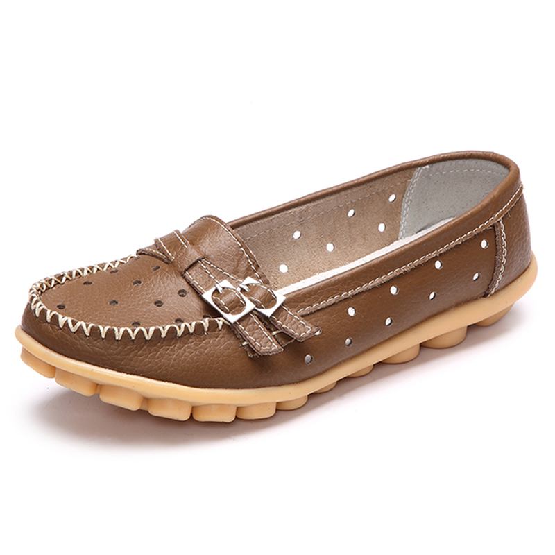 Kvinnor Flat Hollow Out Casual Mjukt Läder Slip On Runda Tå Loafers