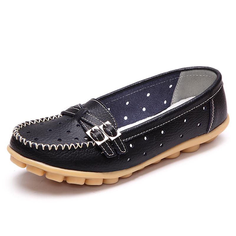 Kvinnor Flat Hollow Out Casual Mjukt Läder Slip On Runda Tå Loafers