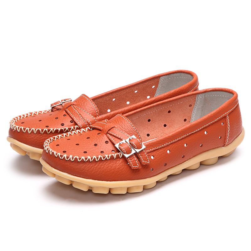 Kvinnor Flat Hollow Out Casual Mjukt Läder Slip On Runda Tå Loafers