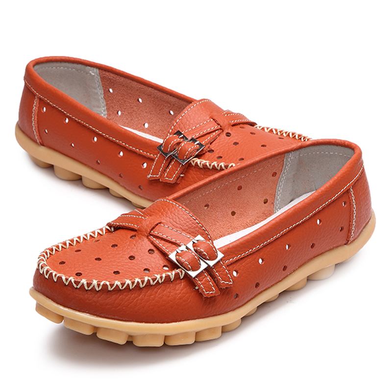 Kvinnor Flat Hollow Out Casual Mjukt Läder Slip On Runda Tå Loafers