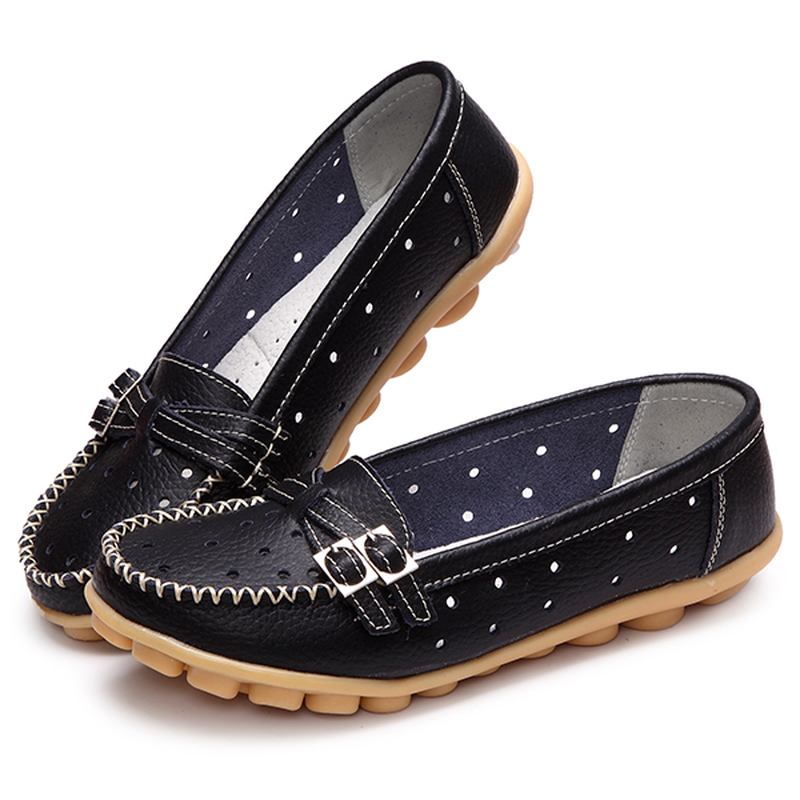 Kvinnor Flat Hollow Out Casual Mjukt Läder Slip On Runda Tå Loafers