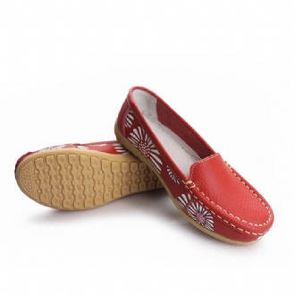 Kvinnor Flats Skor Bekväma Slip-on Mjuk Casual Blomma Blommor Läder Loafers Flats Skor