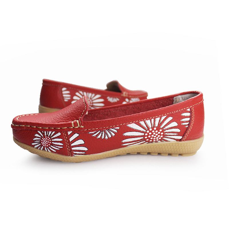 Kvinnor Flats Skor Bekväma Slip-on Mjuk Casual Blomma Blommor Läder Loafers Flats Skor