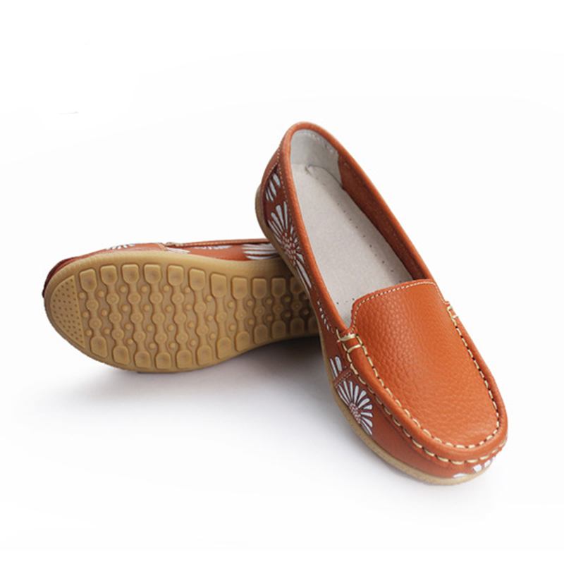 Kvinnor Flats Skor Bekväma Slip-on Mjuk Casual Blomma Blommor Läder Loafers Flats Skor