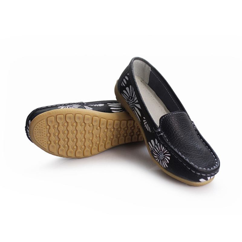 Kvinnor Flats Skor Bekväma Slip-on Mjuk Casual Blomma Blommor Läder Loafers Flats Skor