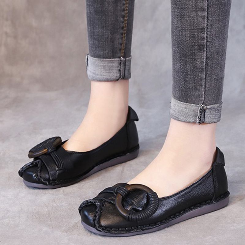 Kvinnor Handgjorda Stricing Dekor Mjuk Sula Casual Leather Loafers