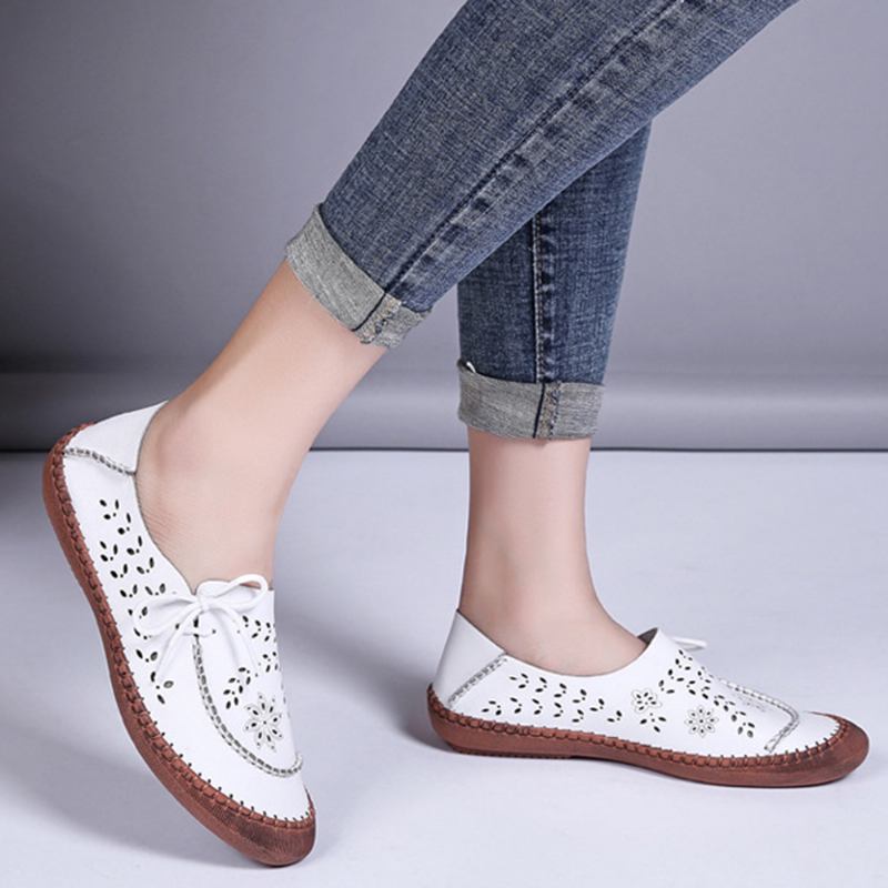 Kvinnor I Äkta Läder Plus Storlek Andas Ihålig Mjuk Sula Casual Flats Loafers