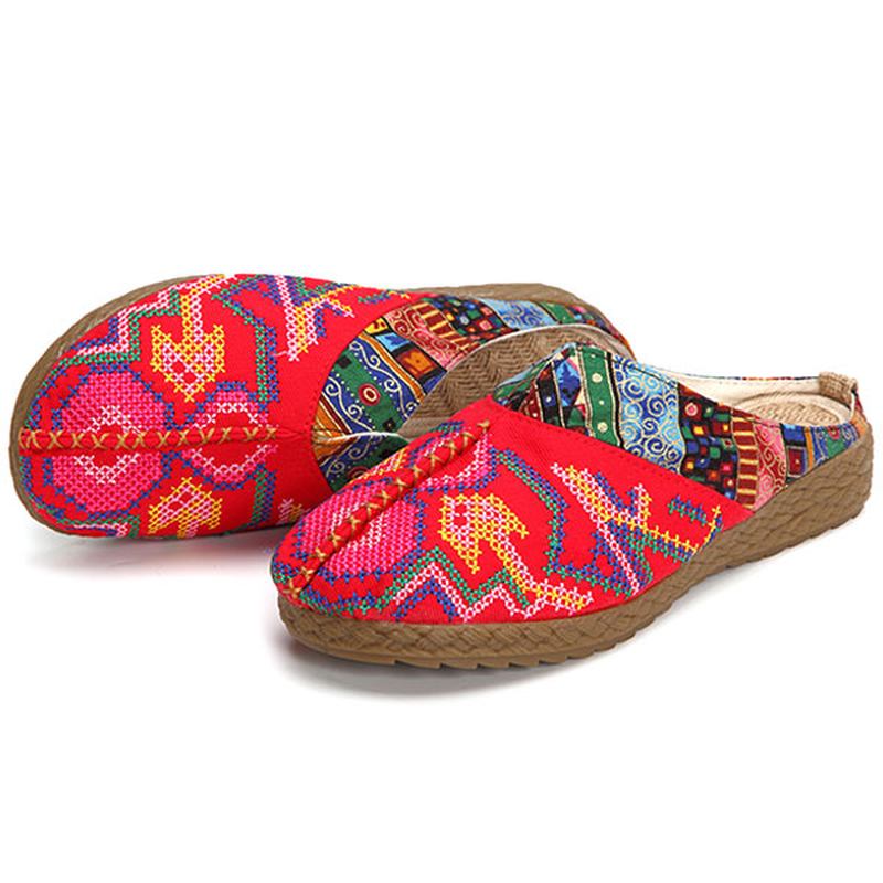 Kvinnor Lin Casual Outdoor Broderi Flat Slipper Skor