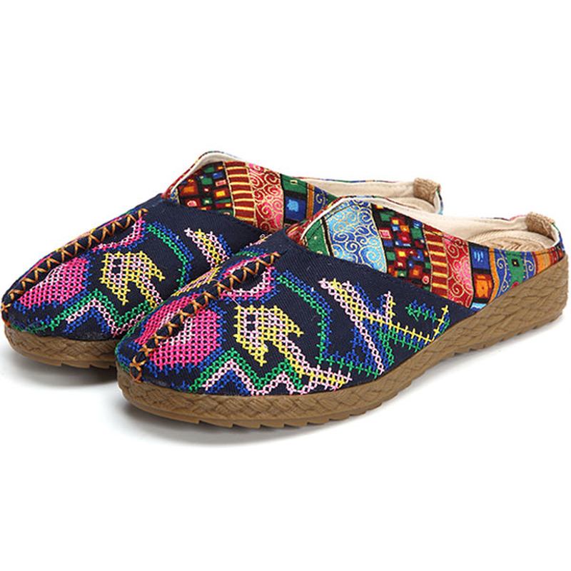 Kvinnor Lin Casual Outdoor Broderi Flat Slipper Skor