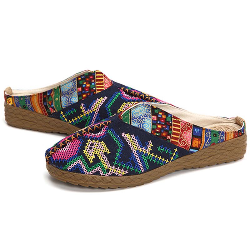 Kvinnor Lin Casual Outdoor Broderi Flat Slipper Skor