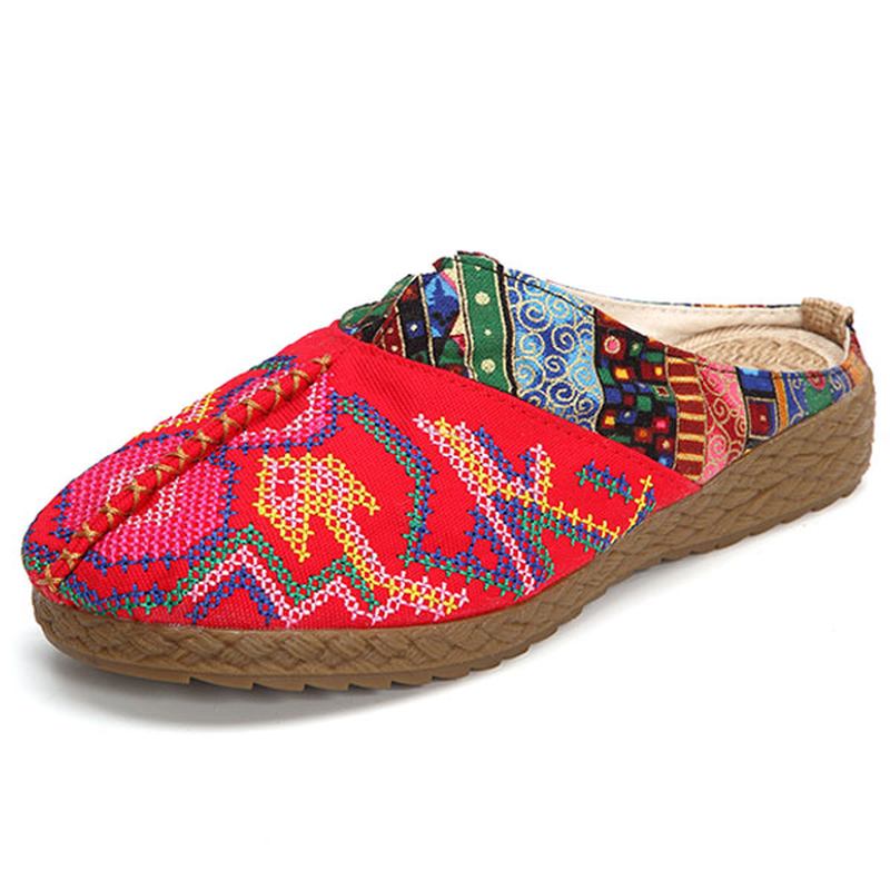 Kvinnor Lin Casual Outdoor Broderi Flat Slipper Skor