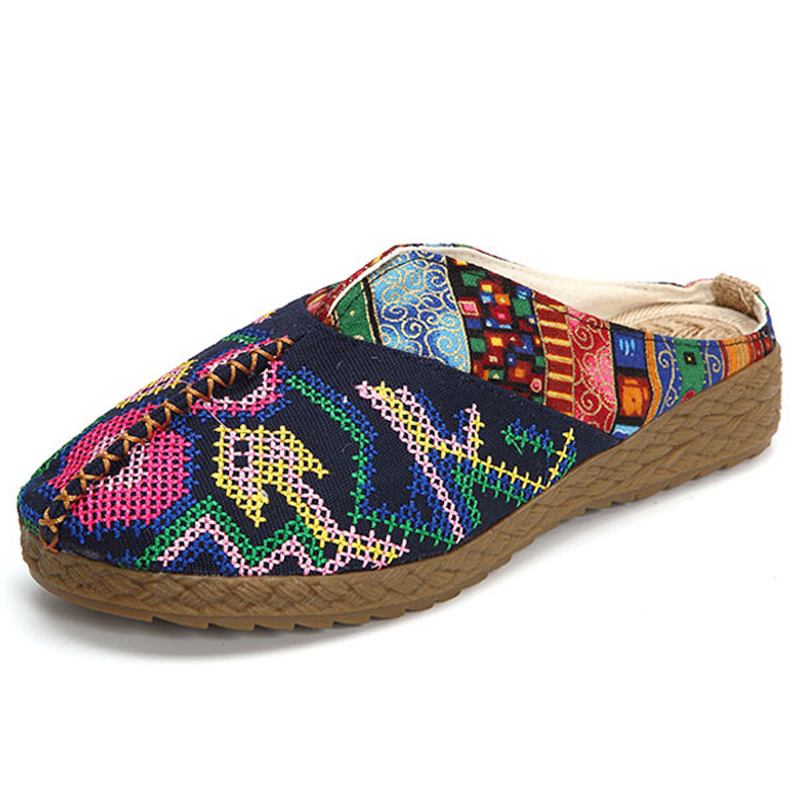 Kvinnor Lin Casual Outdoor Broderi Flat Slipper Skor