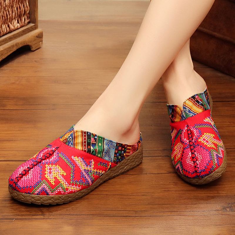 Kvinnor Lin Casual Outdoor Broderi Flat Slipper Skor