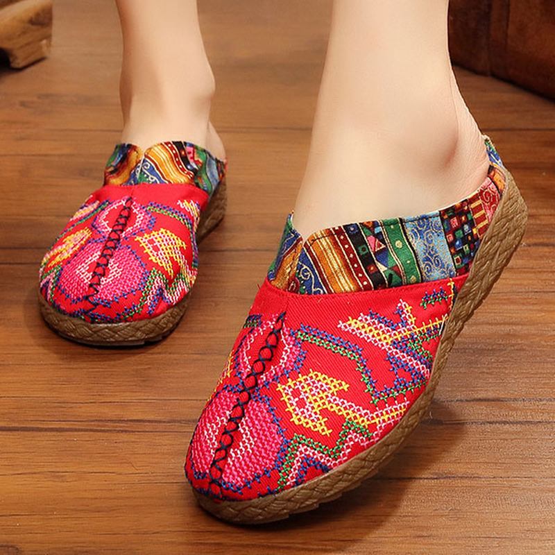 Kvinnor Lin Casual Outdoor Broderi Flat Slipper Skor